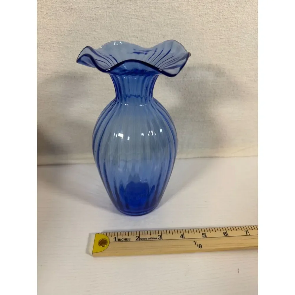 Vintage Blue Ribbed Glass Vase Ruffled Fluted Rim Optical Swirl 7.75